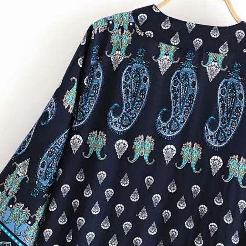 Luxe Boho Printed Gypsy Kimono Navy Blue Cardigan - Picture 8 of 10